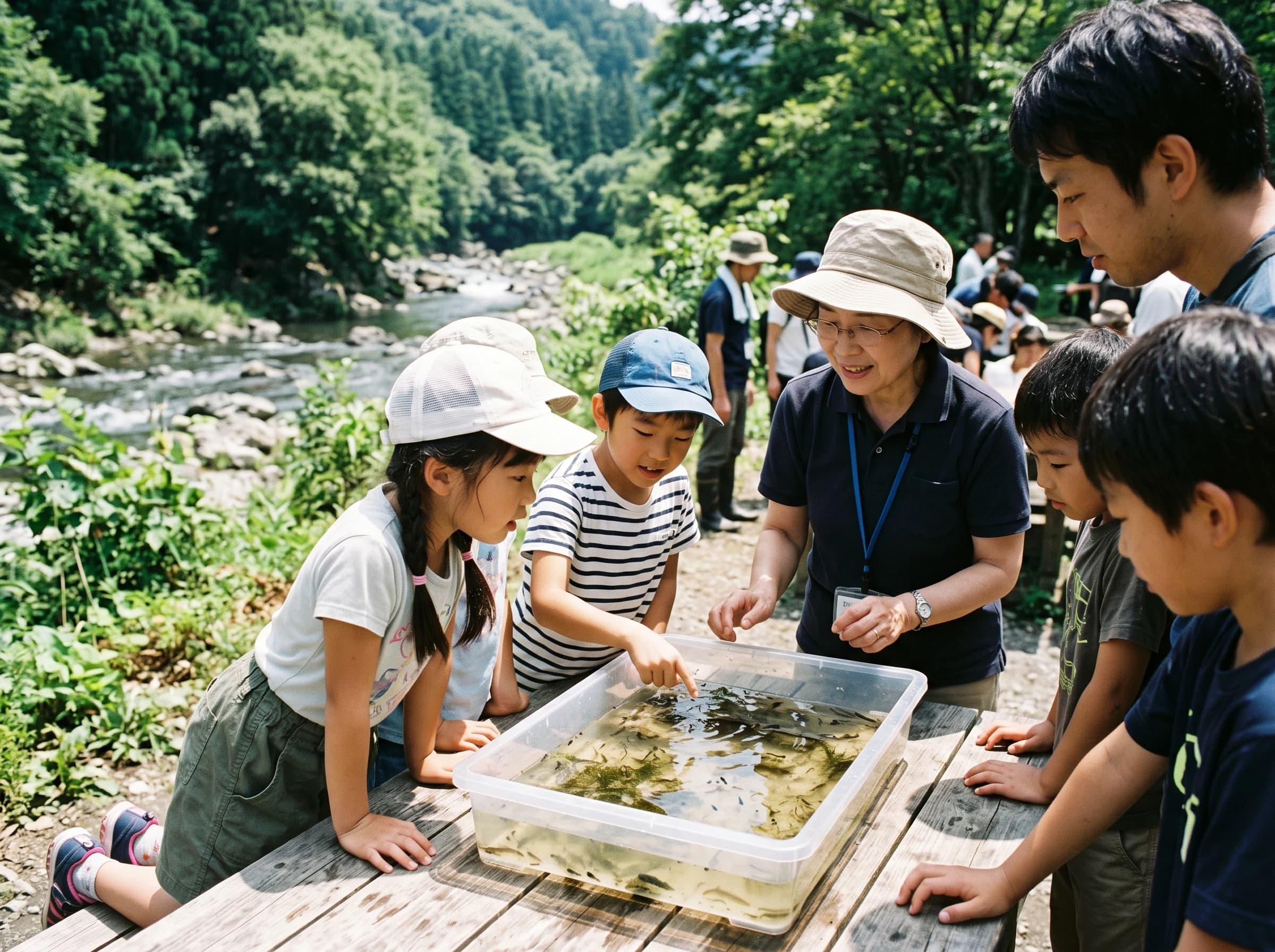 川辺で水生生物を観察する親子