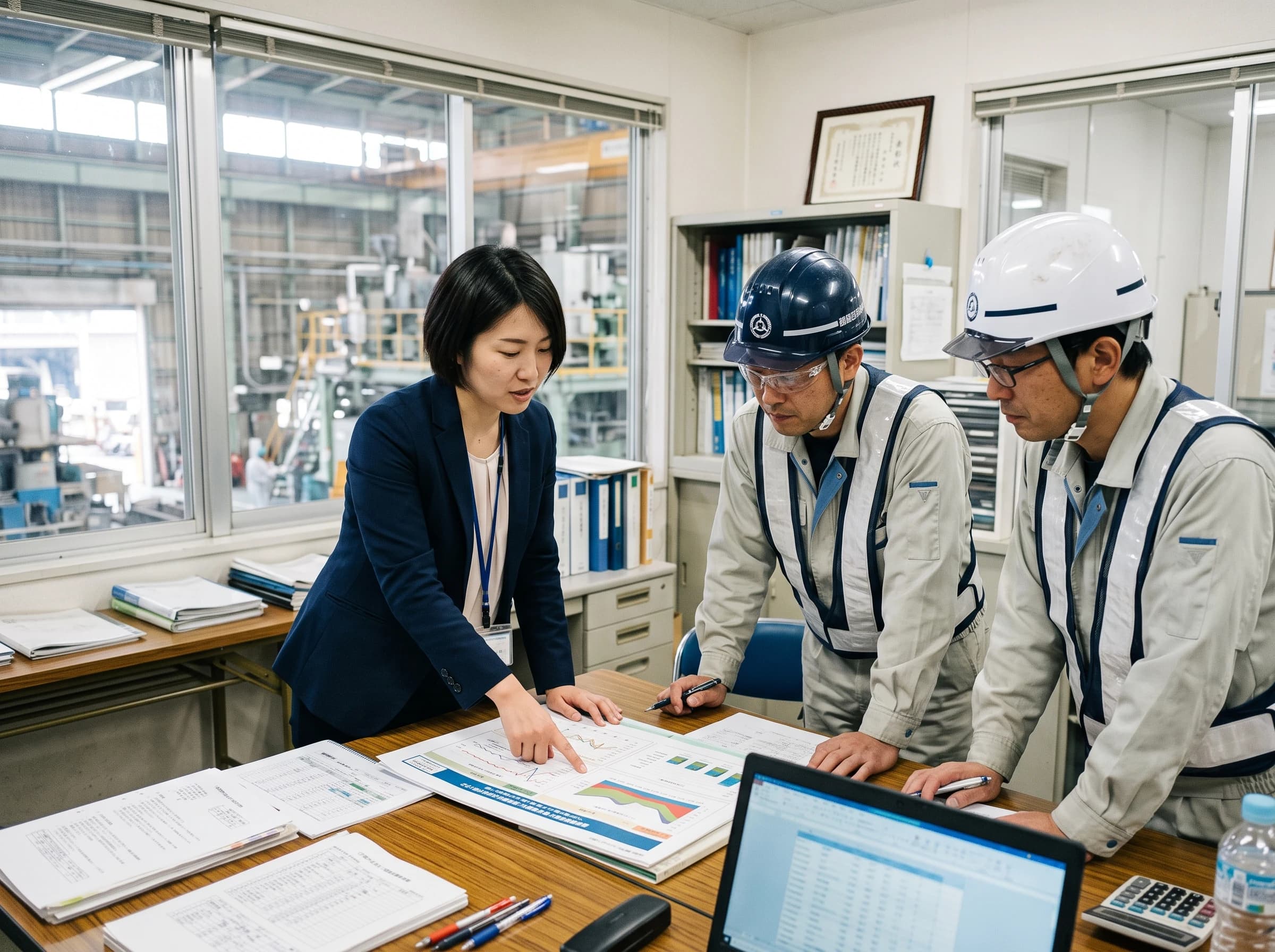 工場で報告書を説明する担当者