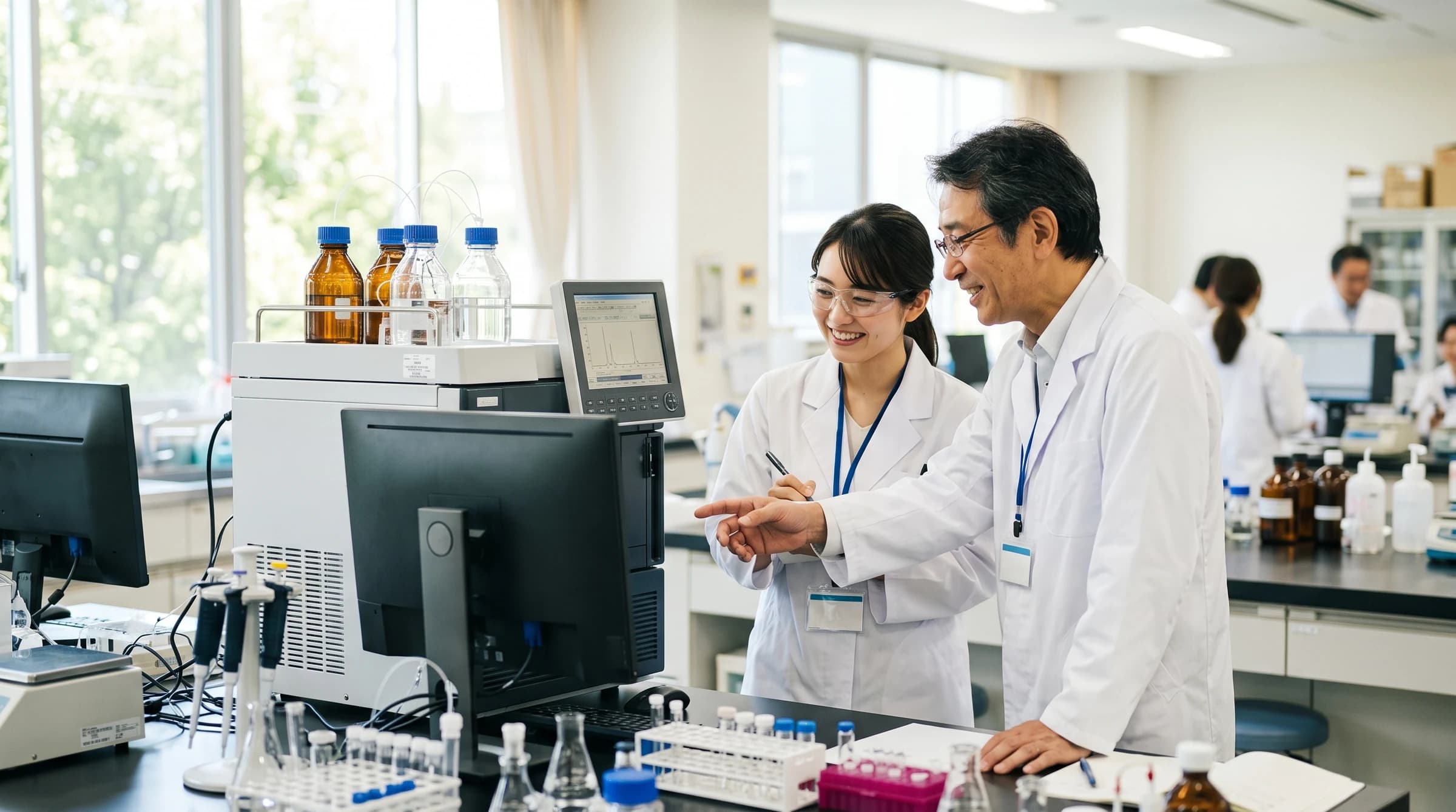 分析装置の使い方を教わる当社の社員