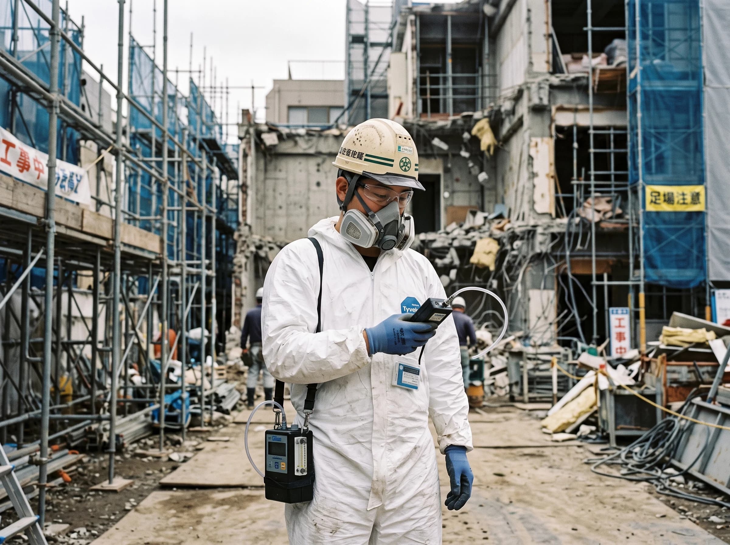 解体現場で空気中の粉じんを測定する調査員