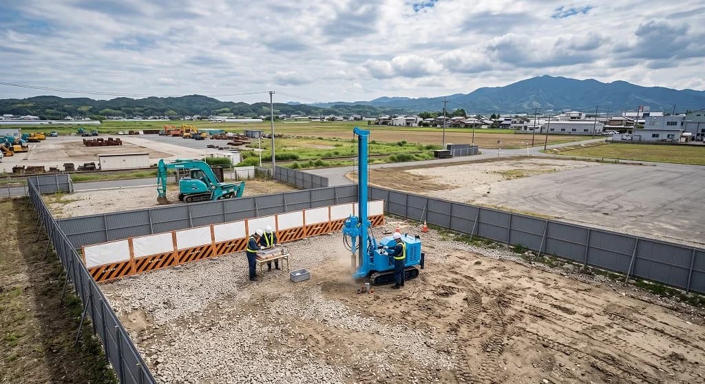 造成地でボーリングマシンにより土壌を採取する